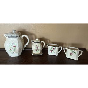 Vtg Moriyama Japanese Japan Basketweave‎ Majolica Ceramic Floral Tea Pot Set